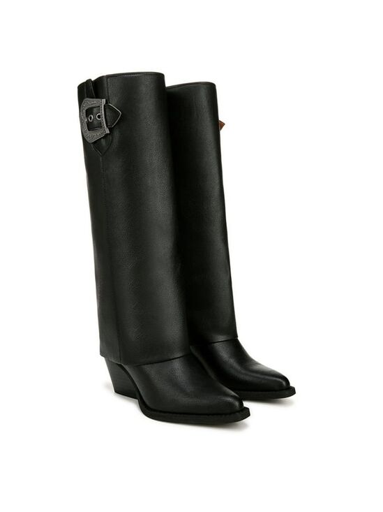 Zodiac Shoes - Zodiac Modern Foldover Statement Western Buckle Boots Knee Height BLACK SZ 7 M